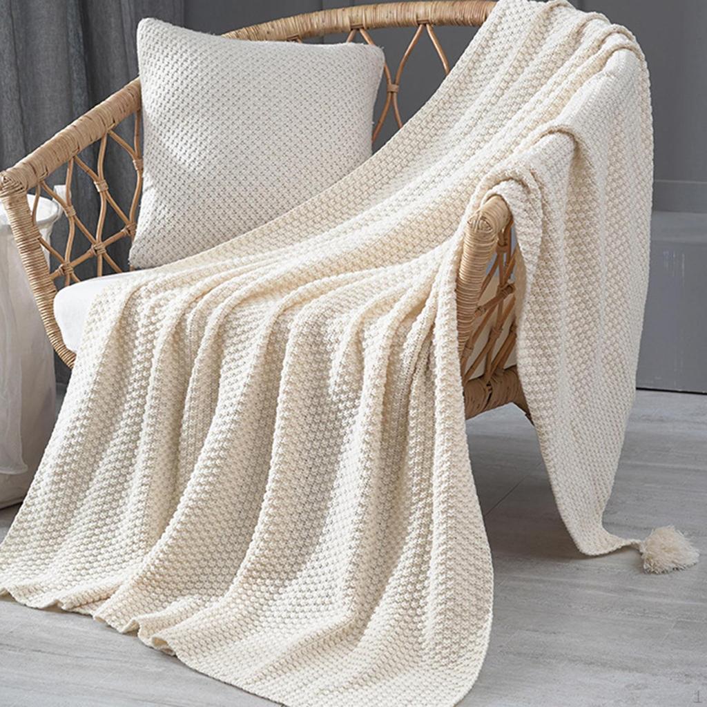 Knitted Throw Blanket Solid Color Tassels Plaid Crib for