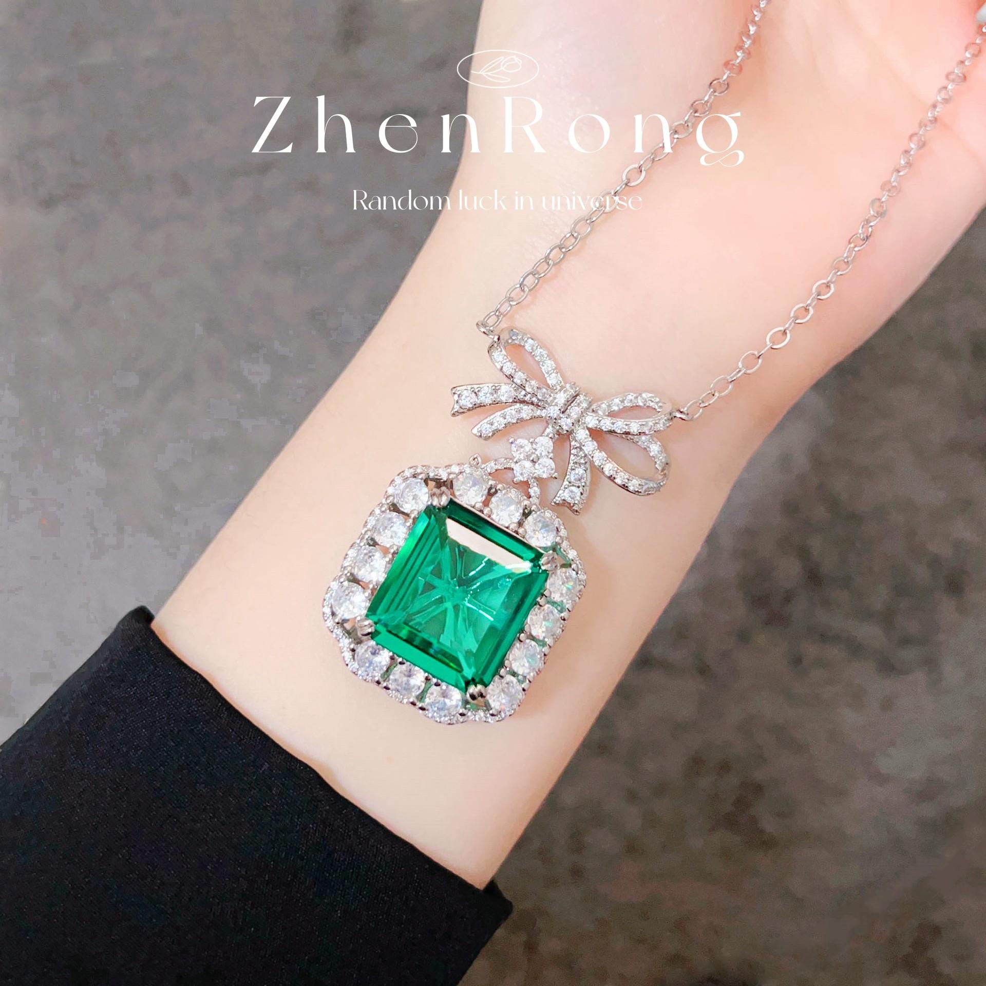 Light Luxury Niche Retro Premium Emerald Bow Pendant Necklace Sugar Cube Ring Colorful Treasure Stud Earrings Set