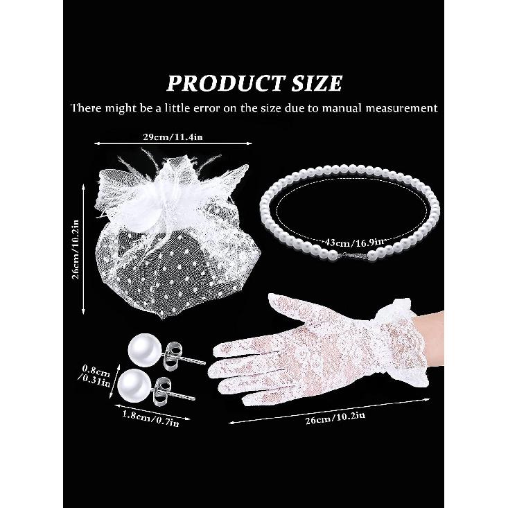 4 Pcs Tea Party Fascinator Hat Set for Women Lace Glove Pearl Set | Tea Party Accessories Outfits Headpiece Veil Lace Glove Pearl Jewerly for Wedding