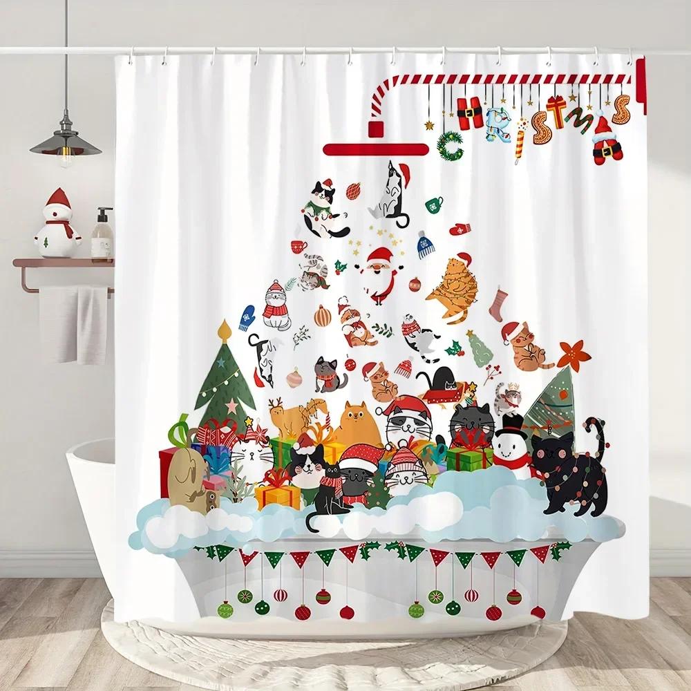 Snowman Christmas Shower Curtain Christmas Tree Gifts Red Bird Winter Snow Fabric Printed Bath Curtain Bathroom Decor With Hoo