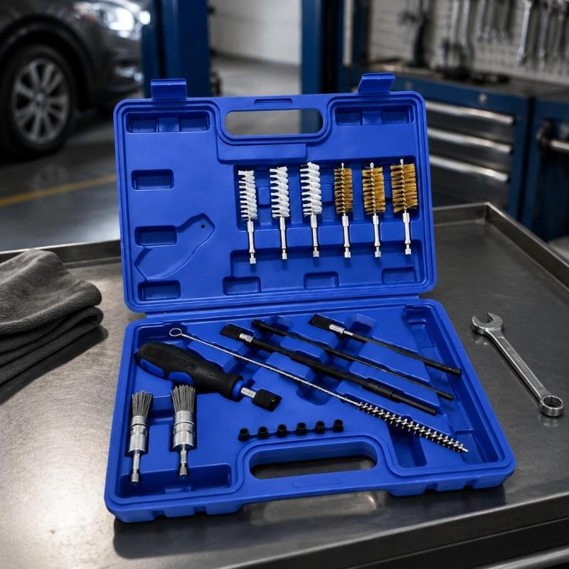 Cylinder Head Recess Cleaning Brush Kit with Slender Access Shafts, Interchangeable Handle, 19 Pieces, and Fitted Storage Compartments