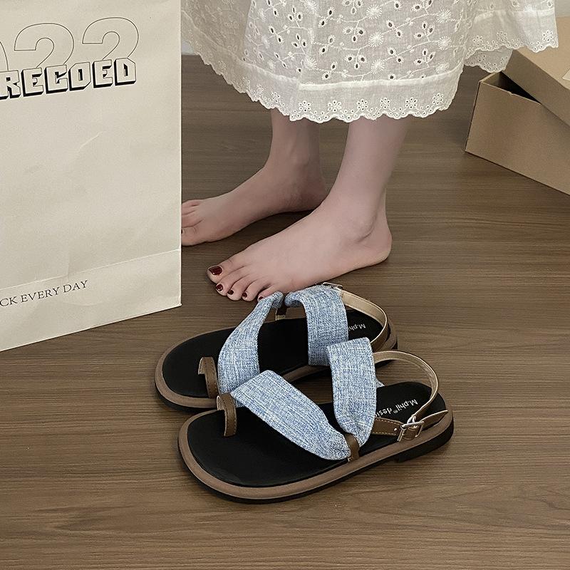 

Round head flat bottom niche retro soft leather cover toe sandals women s summer new beach shoes women 40 синий