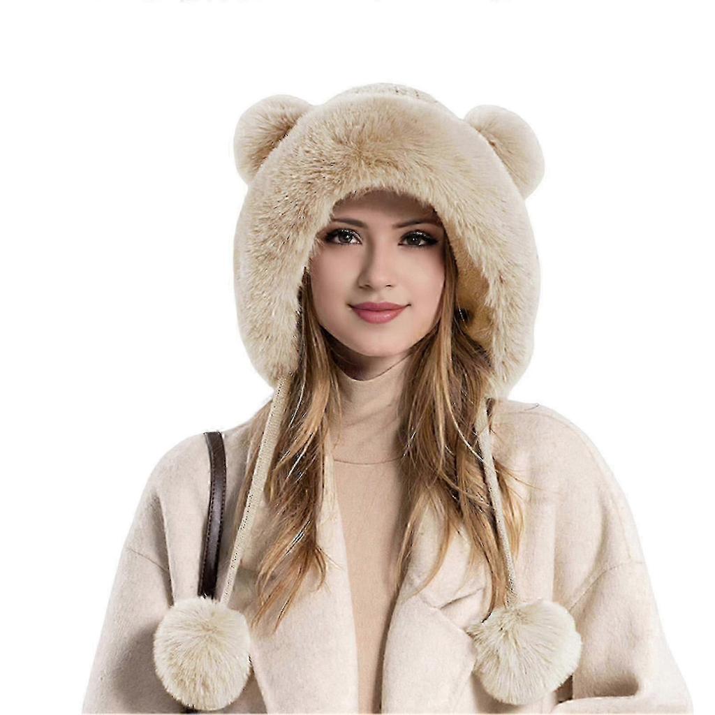 Winter Ladies Hat Fluffy Plush Thickened Heat Retention Ball Decor Ear Protection Solid Color Windproof Outdoor Camping Cycling Skiing Headwear -3-10