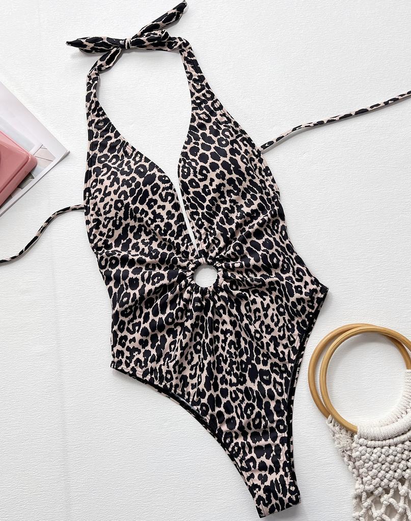 Costume da bagno da donna con stampa leopardata Halter Ring Ritaglio Sexy Back Tie Bikini Costumi da bagno da spiaggia