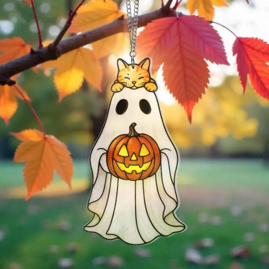 Cute Ghost Sun Catcher Ornament with Lanyard Easy To Hang Stained Glass Suncatcher Gothic Window Hanging Decoration