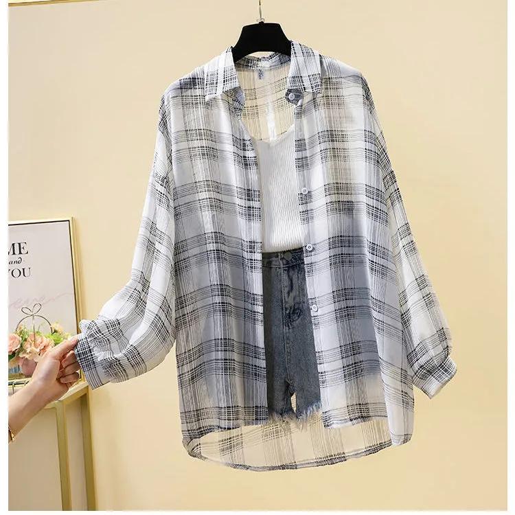 

Жіноча літня тоненька сорочка з довгим рукавом у клітинку, сонцезахисна, корейського стилю, темпераментна, для ділового стилю 3XL білий