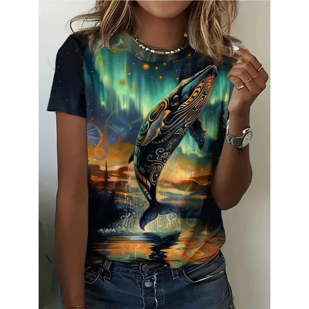Summer Fashion Short Sleeved T-shirt Colorful Creative 3D Printed Women's Round Neck Casual Sports Comfortable Soft Large Loose Breathable T-shirt