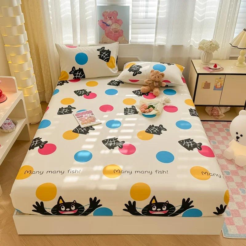 1 Pc 100%Cotton Bed Sheet Cartoon Fish Printed Fitted Sheet with Elastic Band Single/Queen/King Pure Cotton Bed Botton Sheets