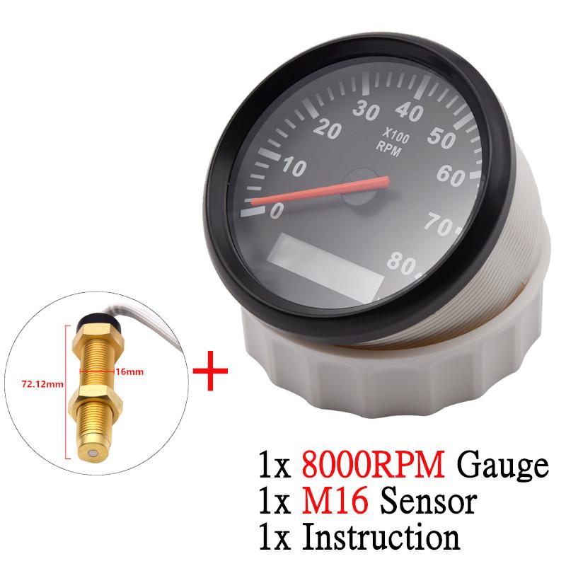 12V/24V 85mm Boat Tachometer Marine Tacho Meter Gauge LCD Hourmeter 8000RPM 6000RPM Car Toerenteller With Sensor M16