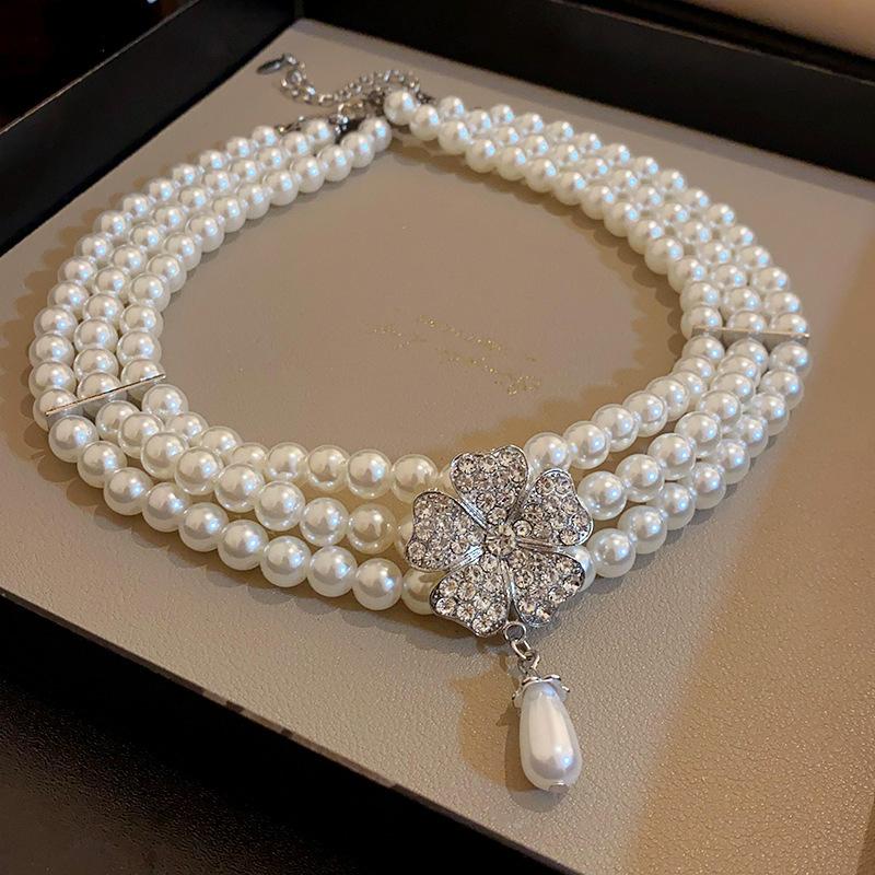 French light luxury flower diamond pearl multi-layer necklace niche creative collarbone chain temperament fashion high-end jewelry
