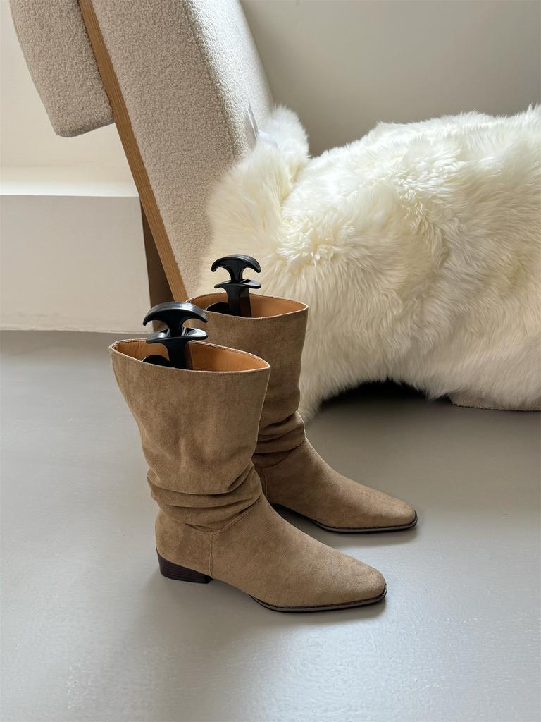Coarse heel khaki suede medium tube stacking boots women's shoes 2025 new thin boots spring and autumn single boots French short boots