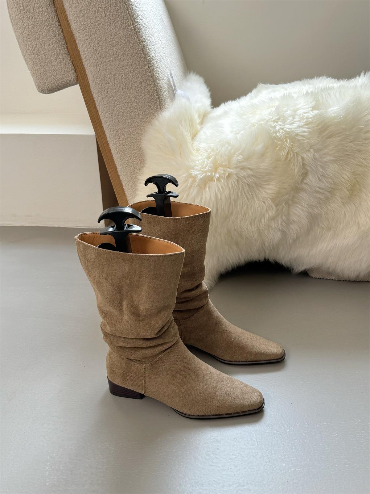 

Coarse heel khaki suede medium tube stacking boots women s shoes 2025 new thin boots spring and autumn single boots French short boots 40 абрикосовый