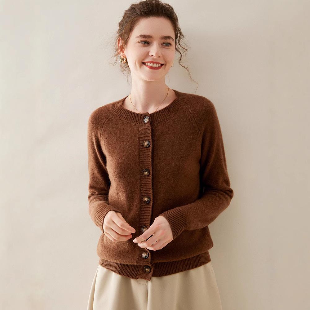 Women's Long Sleeve Korean Style Cashmere Cardigan - Thick Crew Neck, Loose Fit, Slimming Raglan Sweater