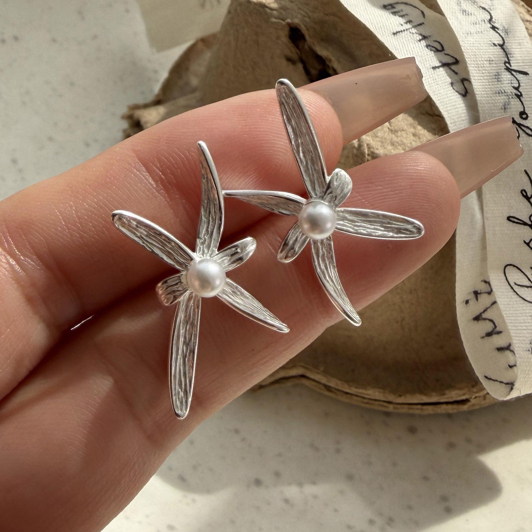 

925 Sterling Silver Vintage Earrings For Women Trendy Simple Flower Pearl Earring Jewelry Prevent Allergy Party Accessories