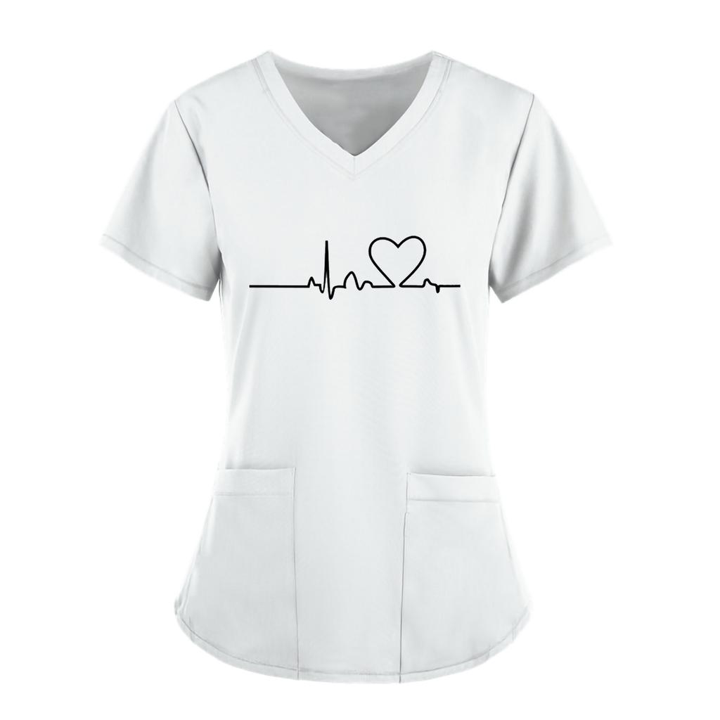 Women Short Sleeve V-neck Tops Working  Solid Color Pocket Blouse