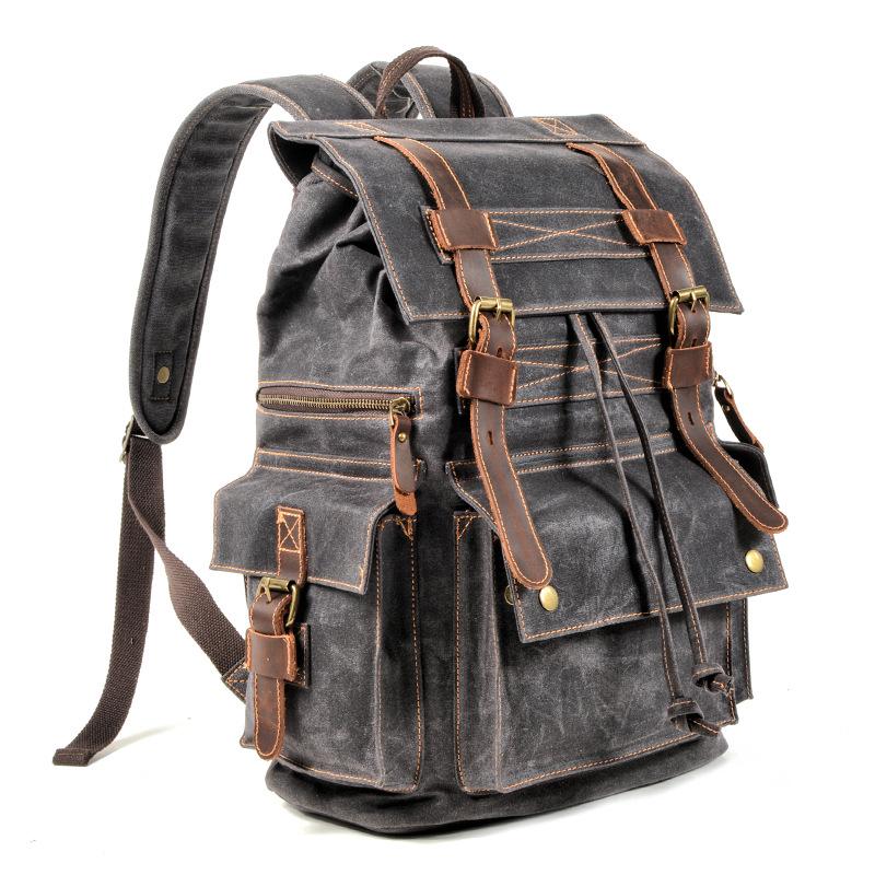 European Retro Double Shoulder Backpack - Waxed Canvas & Genuine Leather for Travel, Outdoor, and Casual Use