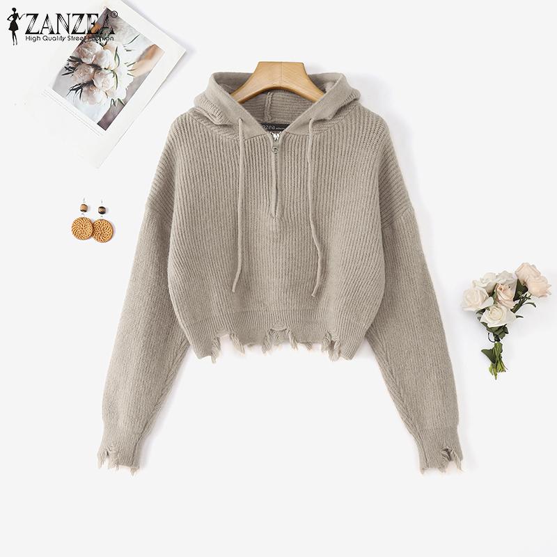 ZANZEA Autumn Women Long Sleeve Zip-up Rib Knitted Irregular Hooded Sweaters