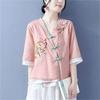 Women's Ethnic V-Neck Embroidered Cotton-Linen Cardigan Top and Mid-Sleeve Tea Dress
