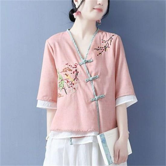 Women's Ethnic V-Neck Embroidered Cotton-Linen Cardigan Top and Mid-Sleeve Tea Dress