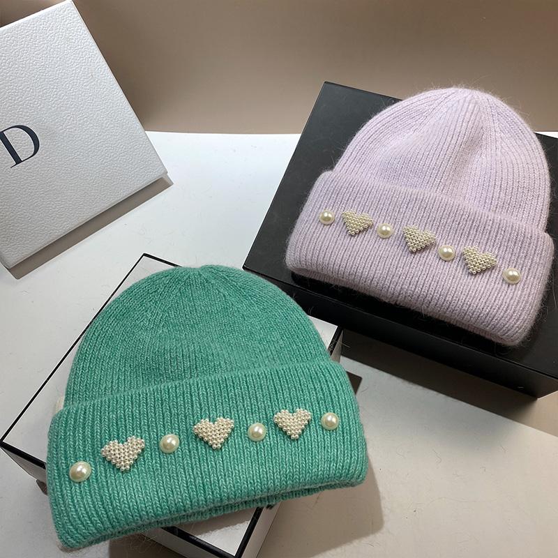 

1 шт., модные теплые шапки из кроличьего меха, вязаная шапка с сердцем и жемчугом, из шерсти кролика, Skullies