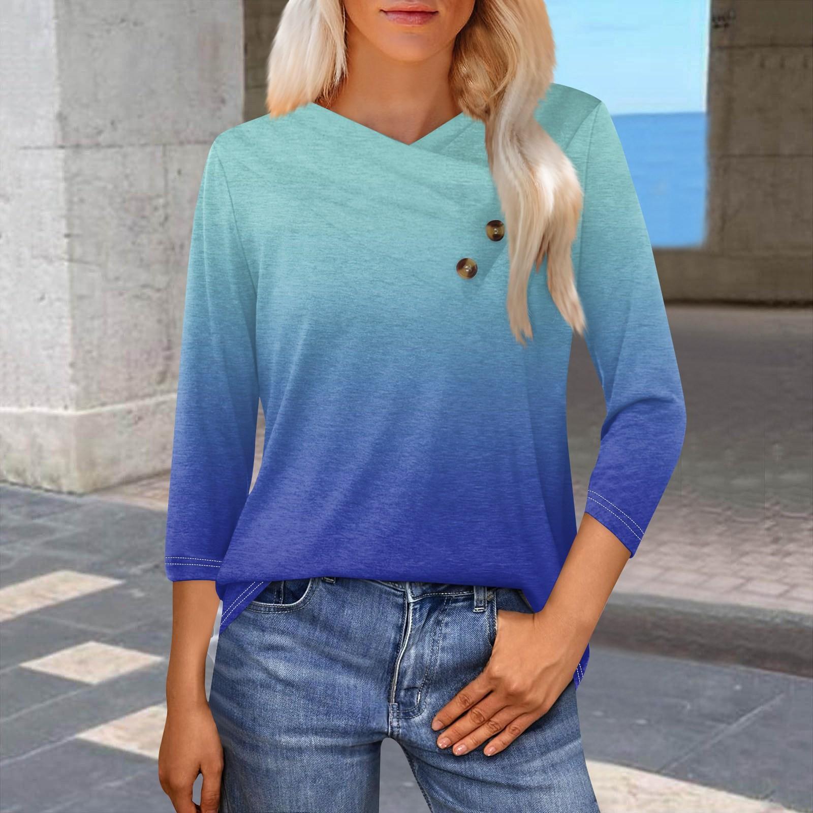 Women s Fashion Casual Gradient Printed Seven-point Sleeve V-neck Button-down T-shirt XXL