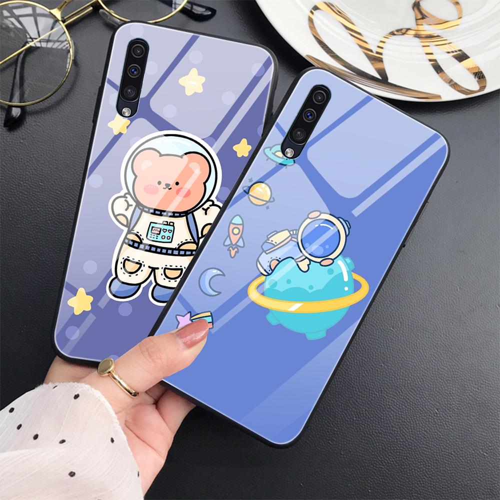 Cute Bear Moon Astronaut Case For Samsung Galaxy A71 A72 A70 A73 A53 A13 5g A03 A22 A21s A03 Core A42 A52 Glass Cover Coque Capa