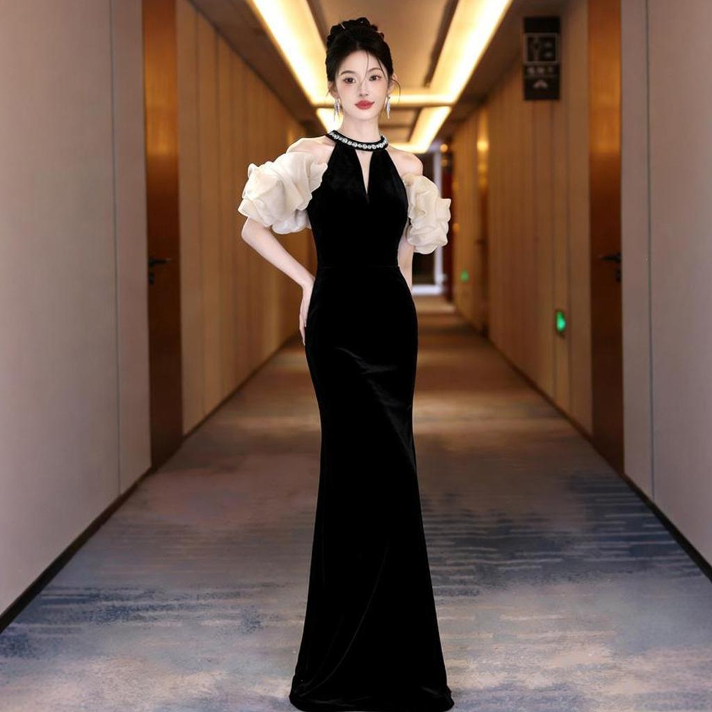 Black Evening Dress Women's 1011 New Light Luxury Niche High-end Fishtail Beautiful Senior Sense Engagement Banquet Host