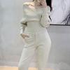 Spring and Autumn Women's Knitted Suit V-neck Sexy Strapless Short Temperament Sweater Pants Fashion Suit