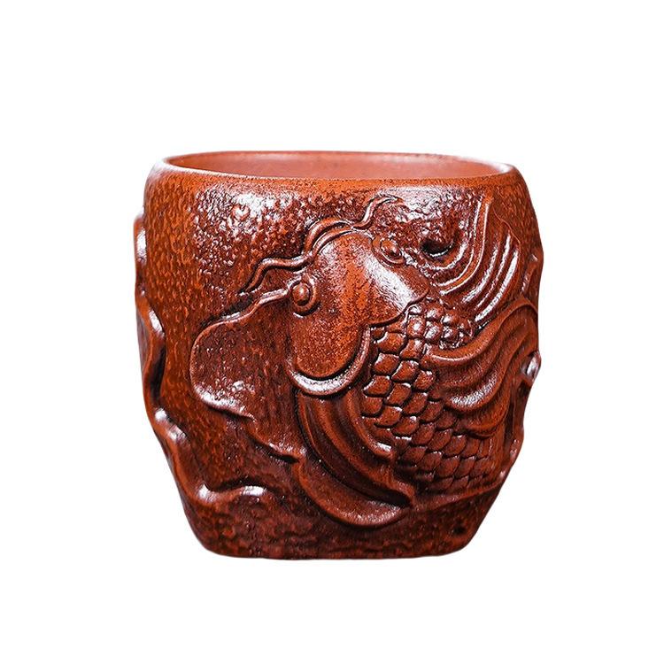 

120ml Yixing Purple Clay Relief Fish Teacup Elegant Tea Bowl Tea Pair Tea-tasting Fragrance Cup Chazhan Master Cups Tea Set Gift