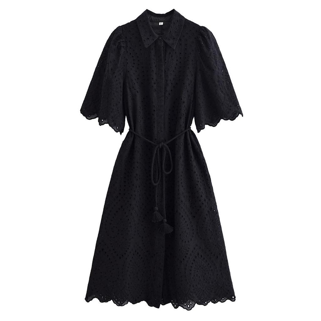 Rochie de primăvară 2025 pentru femei, stil european și american, largă, cu revere, cu curea, florală, ajurată