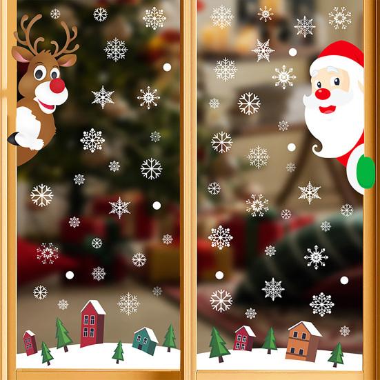 DIY Christmas Window Displays 4Pcs Santa Claus & Reindeer Static Clings with Snowflake, PVC Removable Decals, Reusable Decorations Glass Stickers for