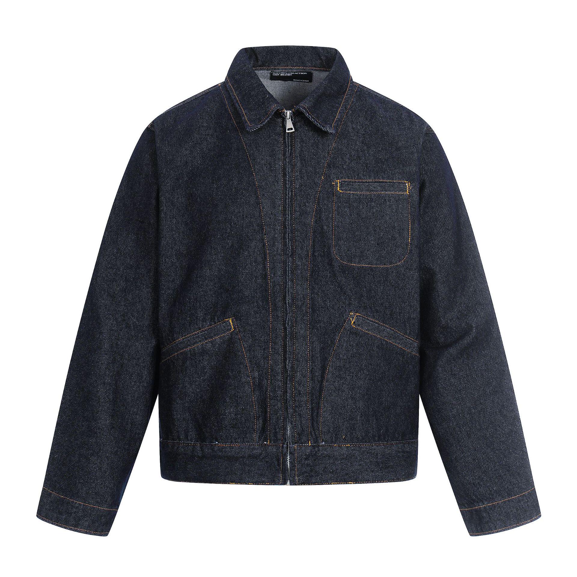 11KN Unisex Retro Blue Denim Jacket, Short Boxy Fit, Simple 3D Regular Shoulder Design XL