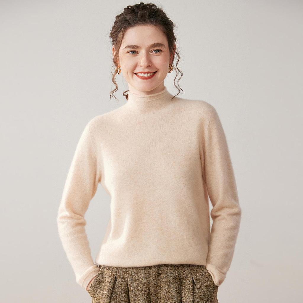 Ribbed Cashmere Half-High Neck Sweater - Women's Autumn/Winter Fashion Loose Knit Pullover