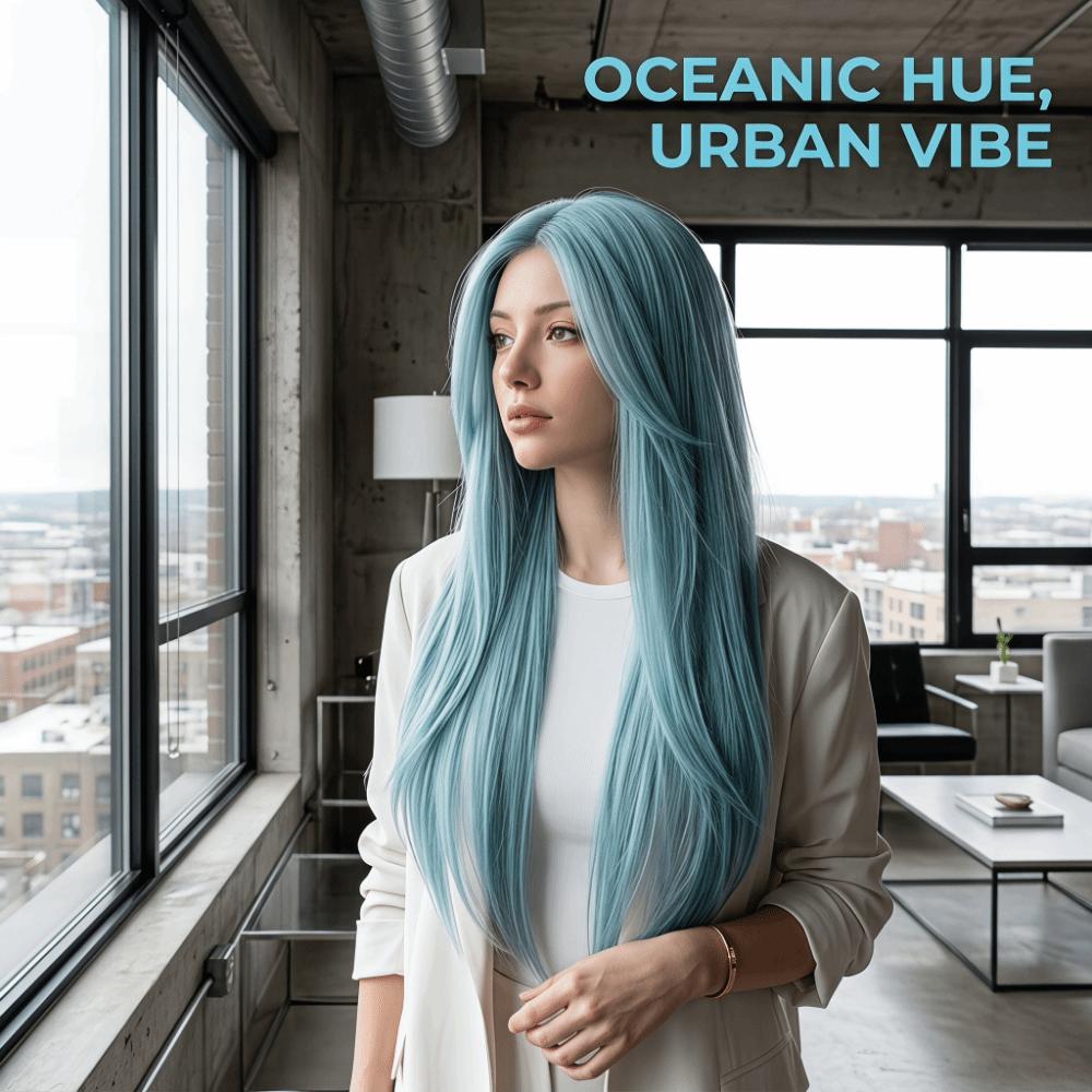 Harajuku Sea Salt Blue Wig 28inch Lolita Cosplay Wig Fake Hair Long Straight Synthetic Wig JK Girl