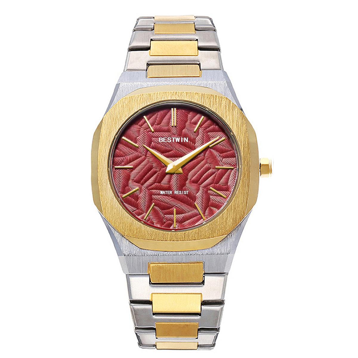 Мужские часы Рельефный лист Характерный циферблат Кварцевые Водонепроницаемые красный