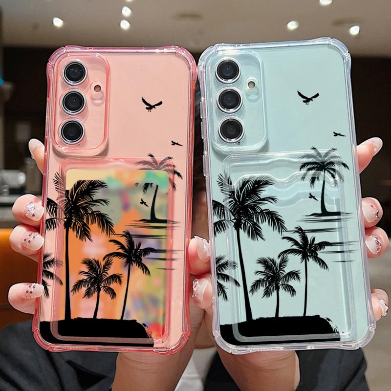 Coconut Tree Print Clear Card Slot Case For Samsung S25 S24 FE S23 Ultra A56 A36 A16 A55 A35 A15 Slim Soft Silicone Shockproof Phone Cover