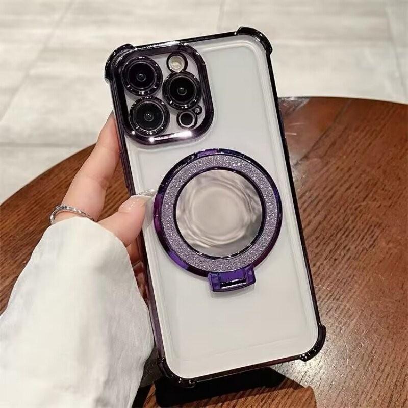 Luxury Transparent Electroplated Magnetic Stand Shockproof Phone Case For iPhone 15 14 11 13 Pro Max 12 Mini XS X XR 8 7 Plus SE