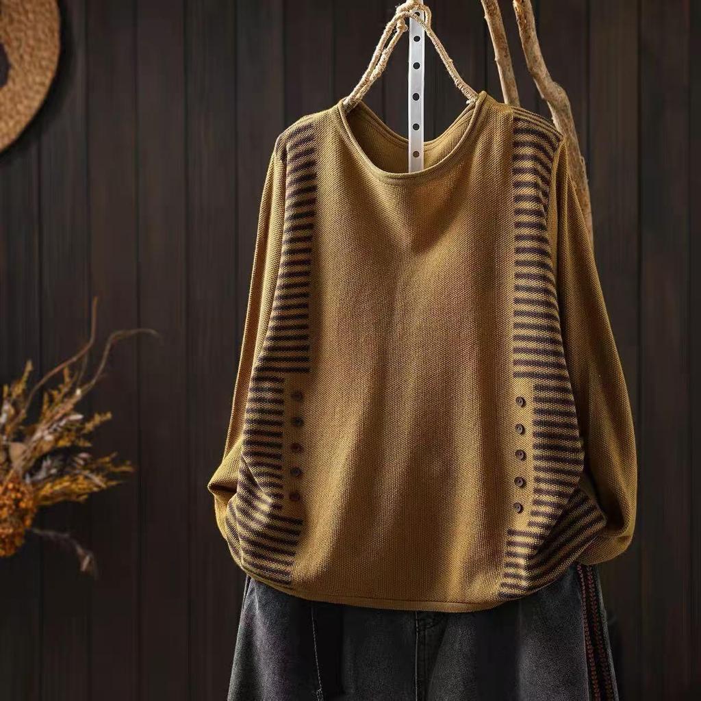 2026 Autumn New Simple Color Block Knit Sweater - Distressed, Loose, Round Neck Pullover
