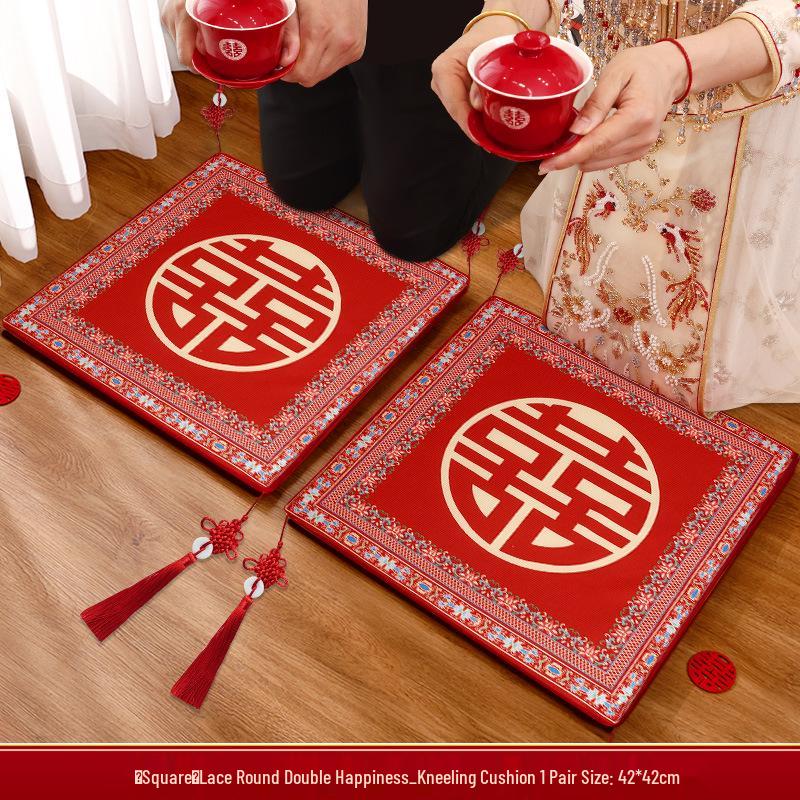 Red Double Happiness Wedding Ceremony Kneeling Cushions Set for Bride – Perfect for Tea Ceremony and Special Occasions