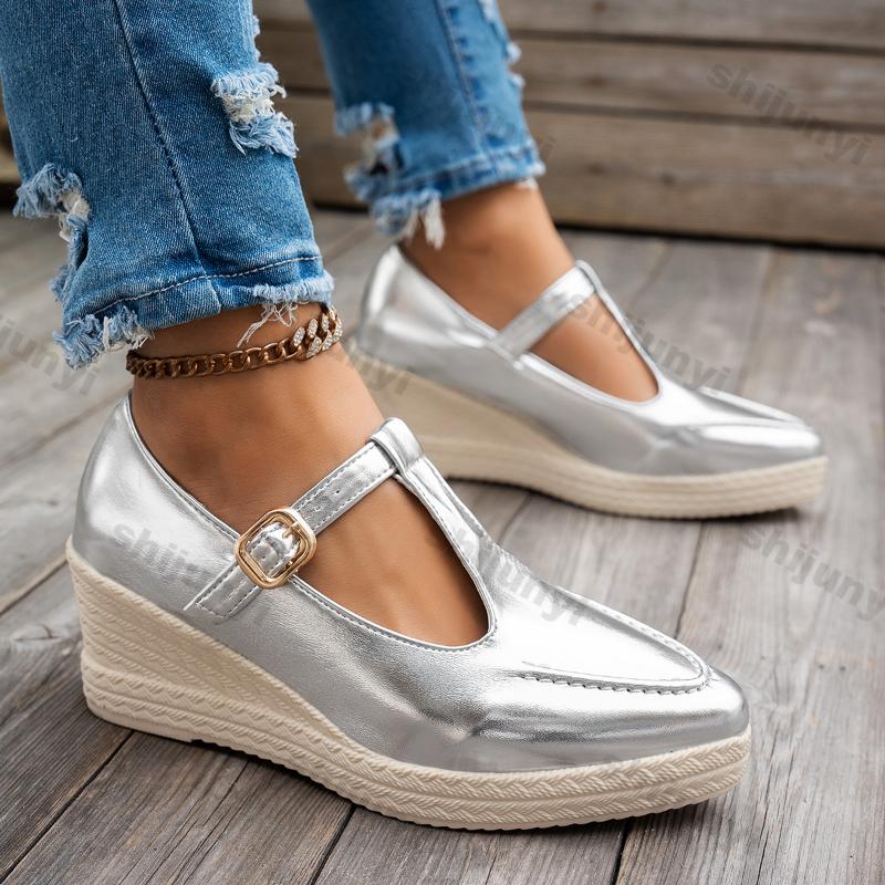 Fashion Women Gold High Heels Shallow Wedges Single Shoes Spring New Comfort Non-slip Ladies Fashion Comfortable Leather Single Shoes