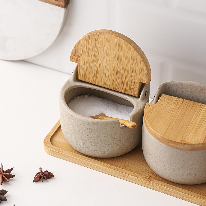 Japanese Ceramic Seasoning Jar Set with Bamboo Lids - Home & Restaurant Use