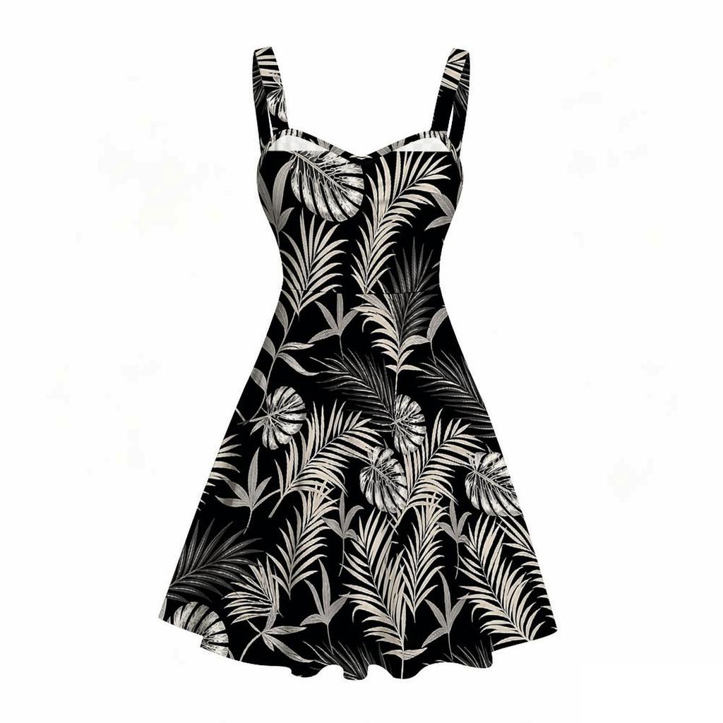 Women Plus Size Black Tropical Leaf Printed Square Neck Sleeveless Strappy Flared Dress