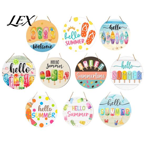 Wooden Hanging Sign Hello Summer Door Sign, Ice Pop Flip Flop Welcome Hanger, Front Plaque Farmhouse Wreath for Home Porch Decor Coastal Style Wall