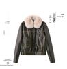 Damen Retro Winter Lederjacke mit abnehmbarem Fellkragen und Fleecefutter