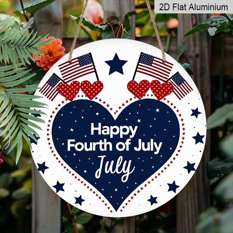 2D Flat 1pc, 8x8 In, July 4th Happy Round Aluminum Metal Sign - Patriotic American Flag & Heart Design, Wall Decor for Home, Office, Kitchen, Bedroom