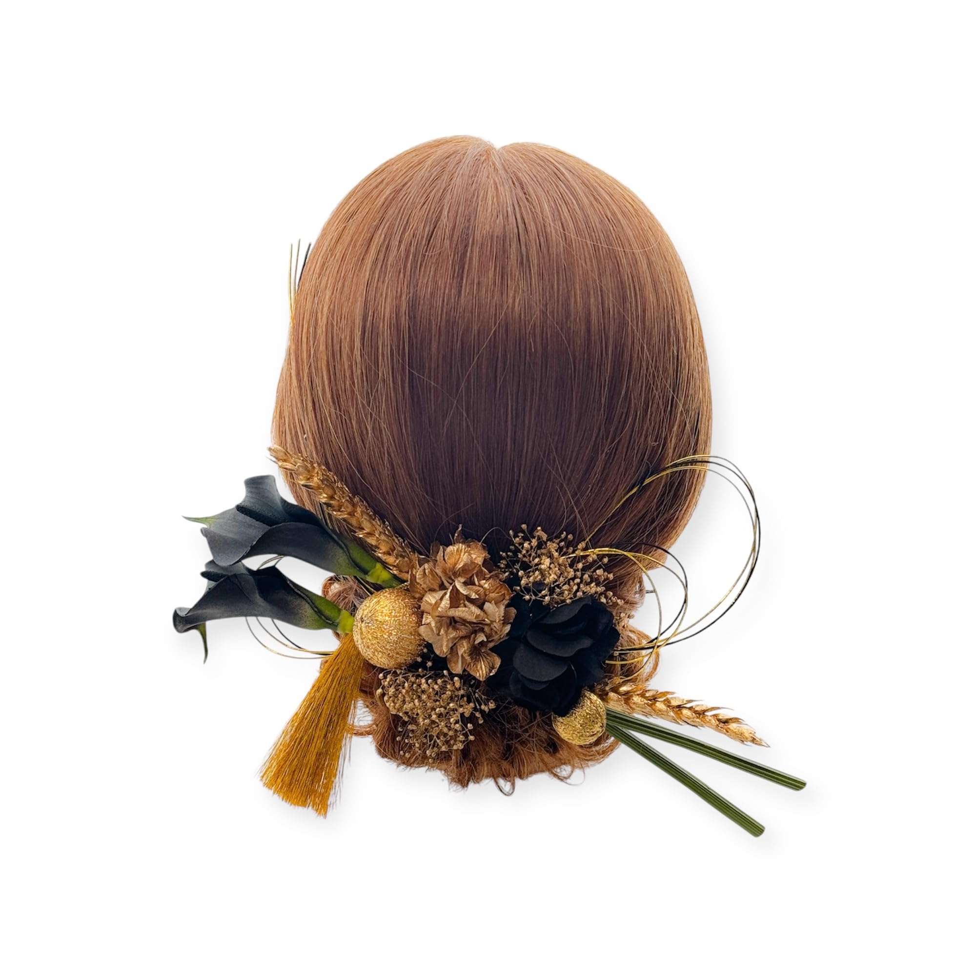 

Black Calla Lily Hair Dried Gold Gold Kimono Graduation Wedding Hani. Ornament, Coming-of-Age Ceremony, Flowers, Tamakanzashi, Leaf, Mizuhiki, чорний