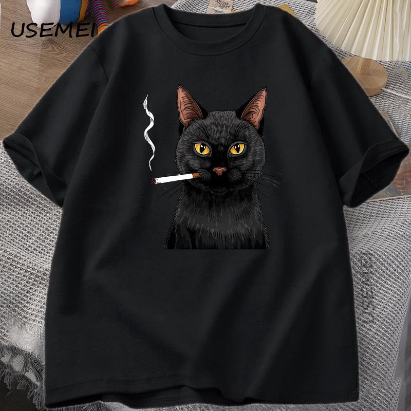 Smoking Cat TShirt Unisex Funny Y2K Vintage Trendy Streetwear Graphic T Shirt Edgy Cat Lover Tshirt Round Neck Short Sleeved Tee