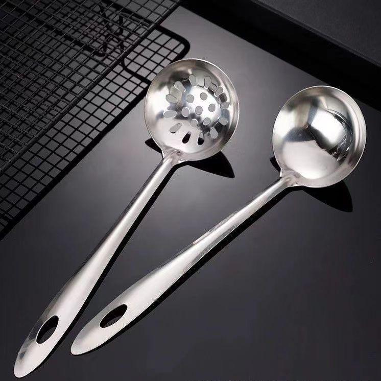 Stainless Steel Soup and Hot Pot Ladle Set: Large Ladle, Small Slotted Spoon, Long Handle, Commercial Porridge Spoon