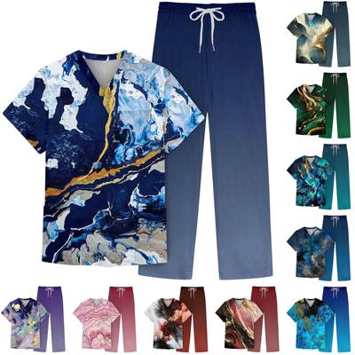Men's Short Sleeve V Neck Print Chest Pocket Care Top Elastic Waist Pants Two Piece Work Suit
