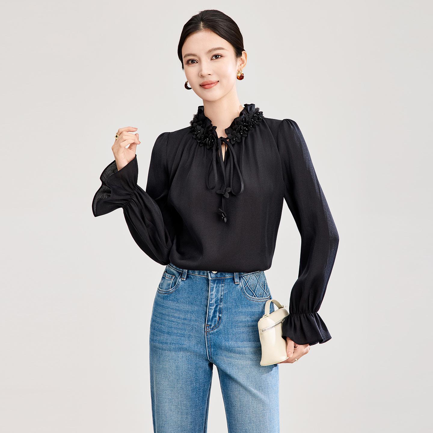 

Elegant Tencel Beaded Lace-Up Petal Collar Shirt - Women s Spring Drapey Long Sleeve Top in Nanyou Style M чорний